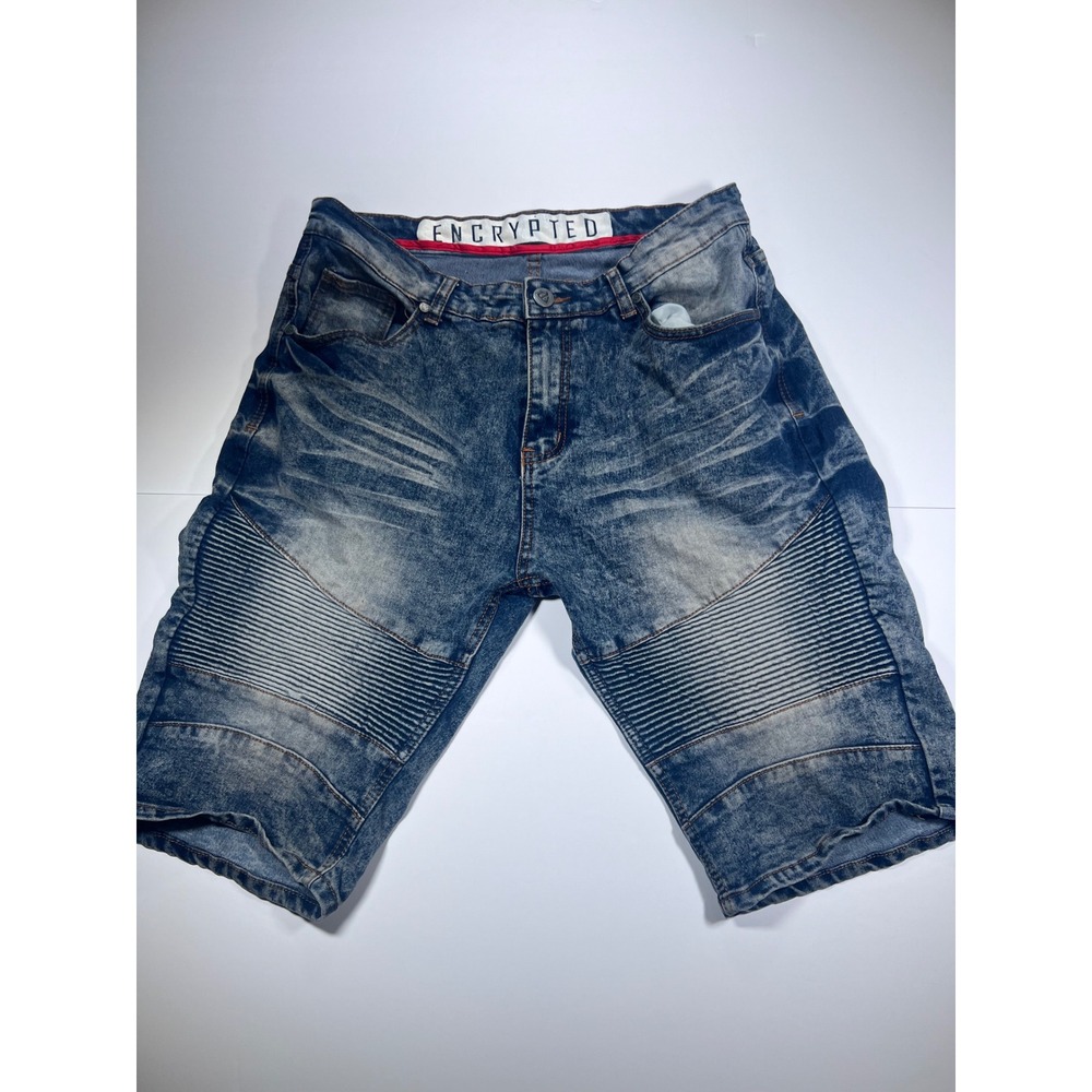 Encrypted Denim Shorts Mens 36 Blue Acid Wash Moto Biker Ribbed Streetwear 0741